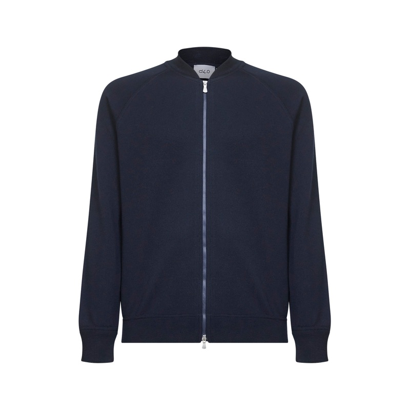 Blue virgin wool knit bomber-style cardigan