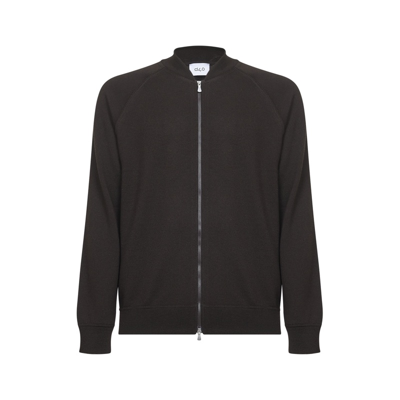 Brown virgin wool knit bomber-style cardigan