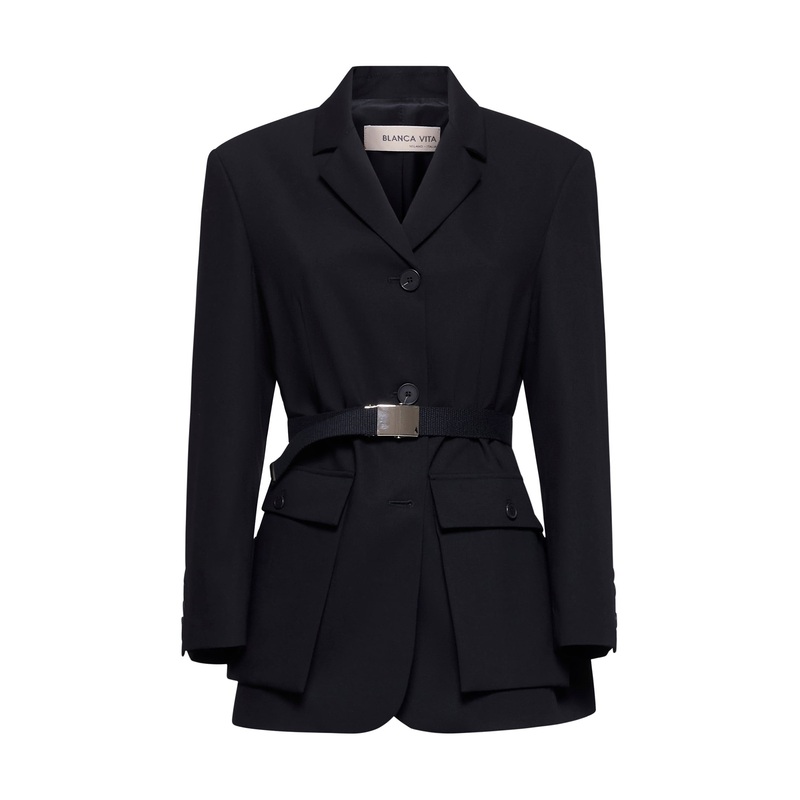 Black gabardine Genova belted blazer
