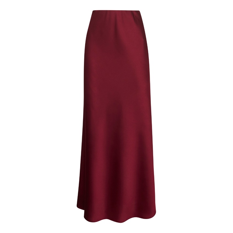 Burgundy satin Garra long flared skirt