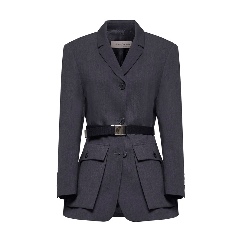 Grey gabardine Genova belted blazer