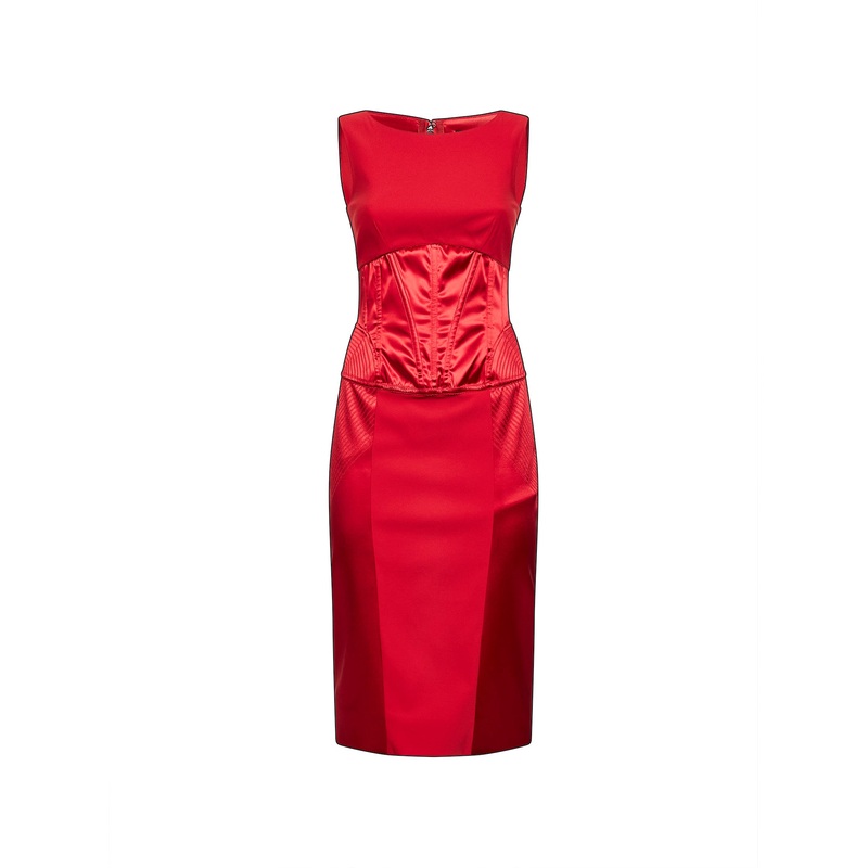 Red satin and cady midi dress|40|44|46