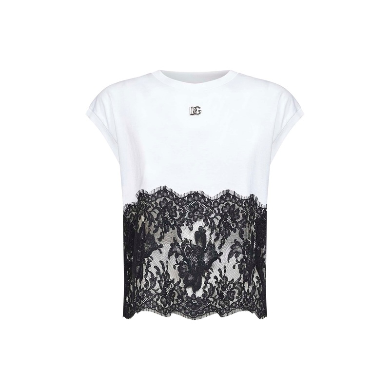 White jersey T-shirt with lace detail