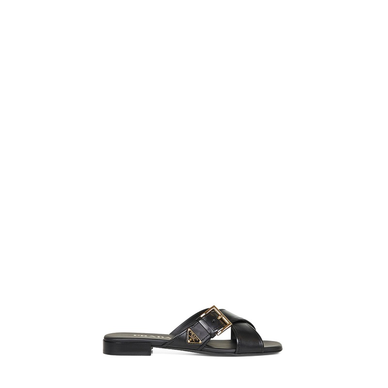 Black leather slides with buckle
