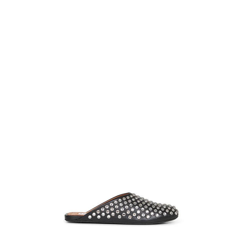 Black nappa leather rhinestone flat mules
