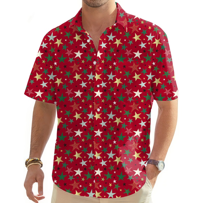 Colorful Stars Christmas Men’s Golf Hawaiian Shirts Button Down Shirt