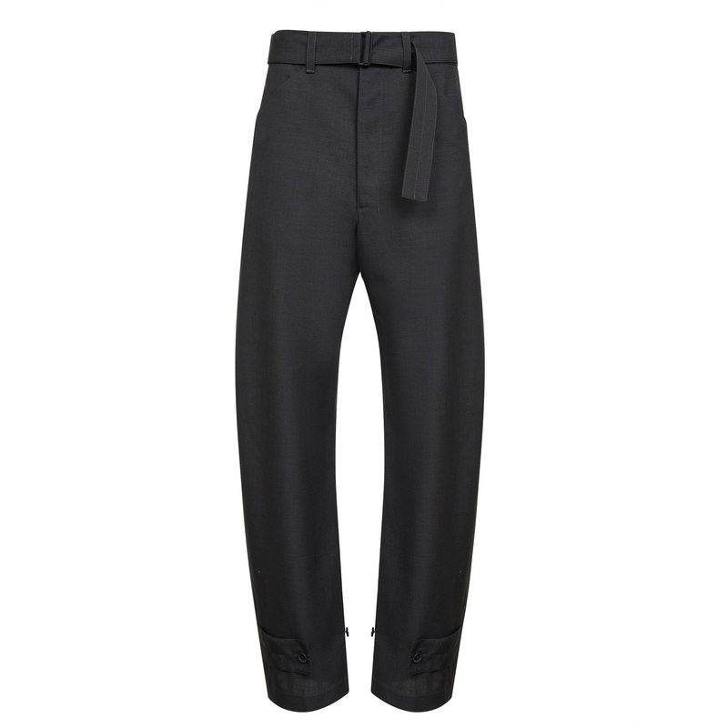 Grey tropical wool blend curved tailored trousers