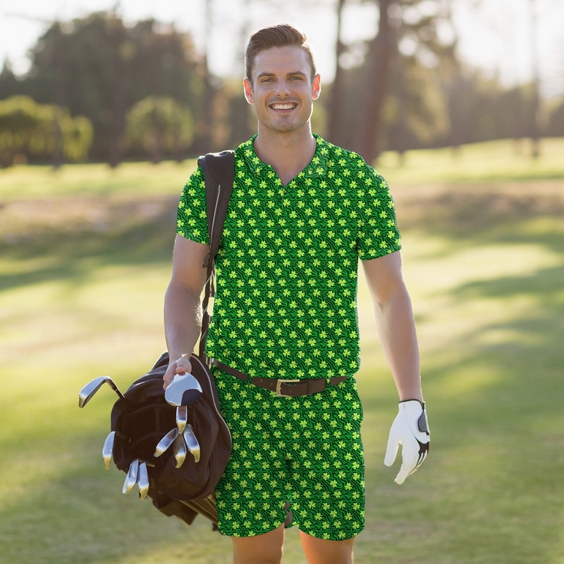 Men’s Golf Set Polo+Shorts Leaf clover Green zebra St. Patrick’s Day