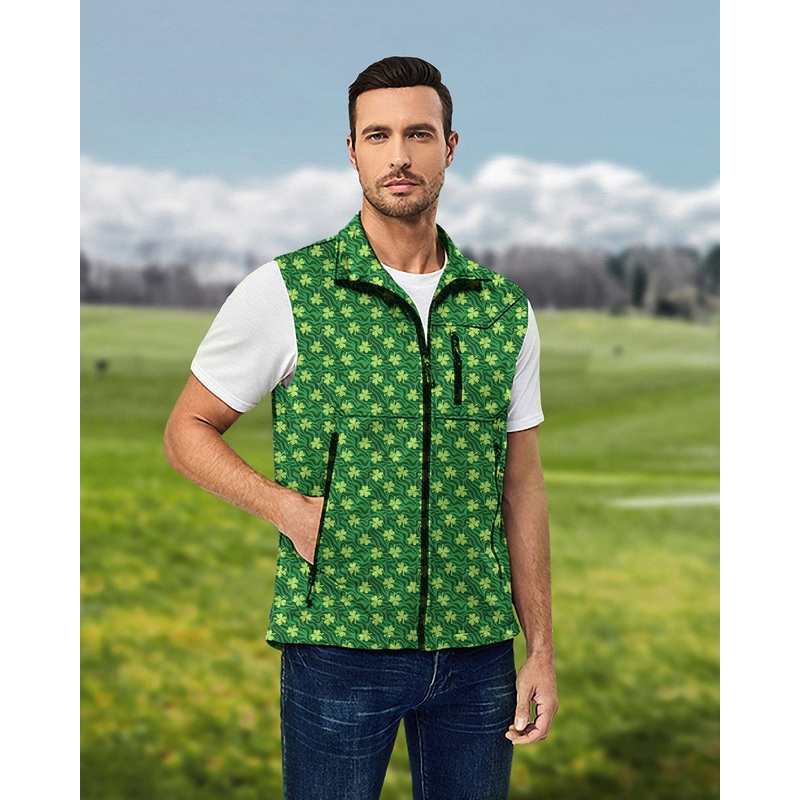 Men’s Leaf clover Green zebra St. Patrick’s Day Lightweight Softshell Vest Sleeveless Jacket for Golf Windproof Waterproof