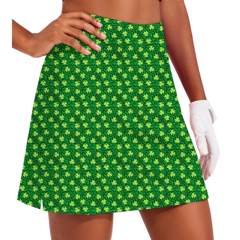 Women’s Leaf clover Green zebra St. Patrick’s Day Golf Skirts Inner Shorts Pocket