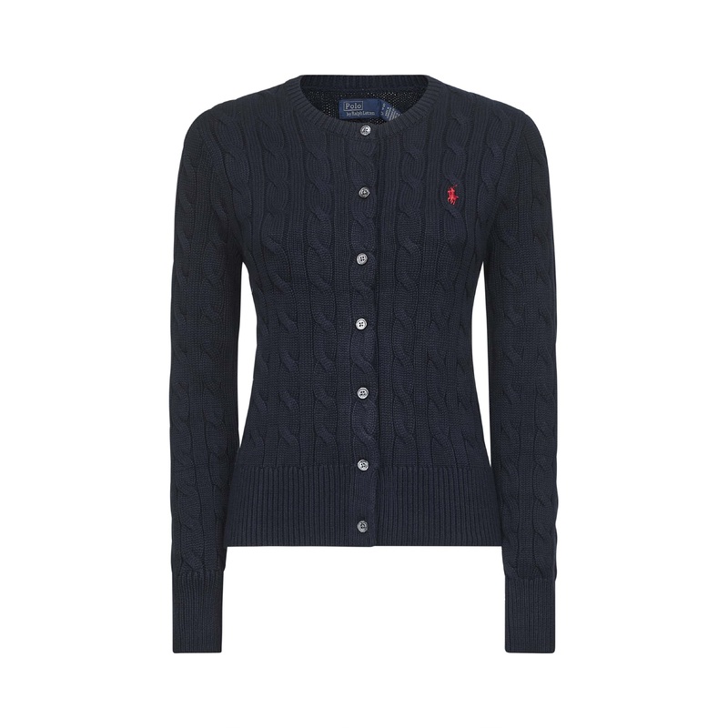 Blue cable-knit cotton crewneck cardigan