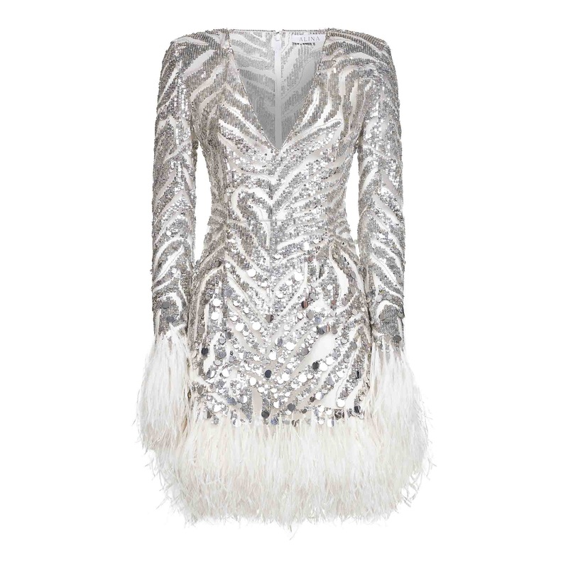 Pearl grey embroidered tulle minidress