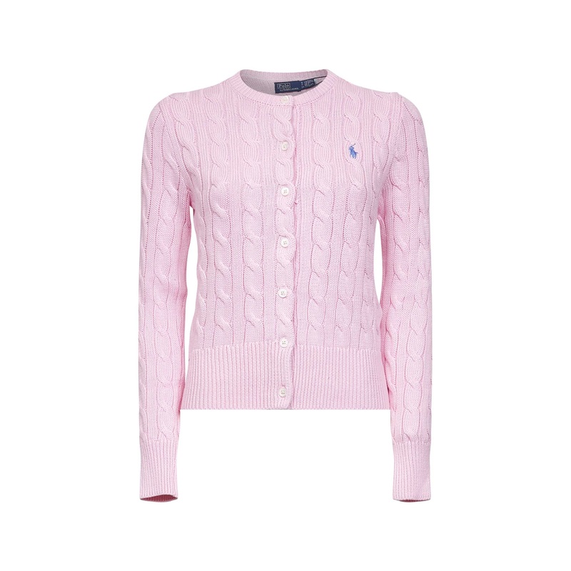 Pink cable-knit cotton crewneck cardigan