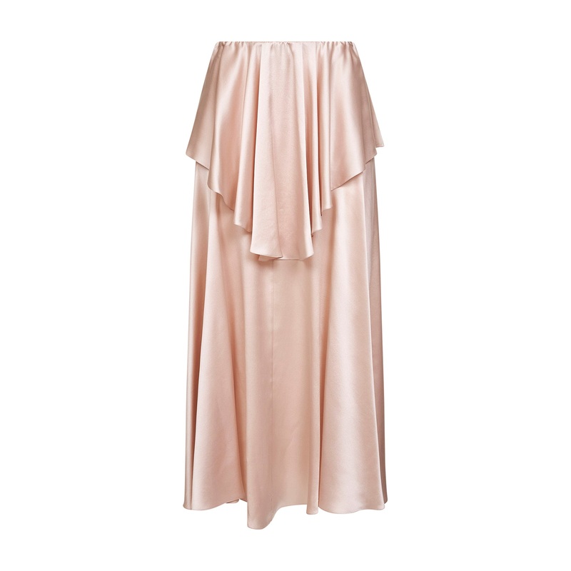 Pink washed silk satin fluid layered midi skirt