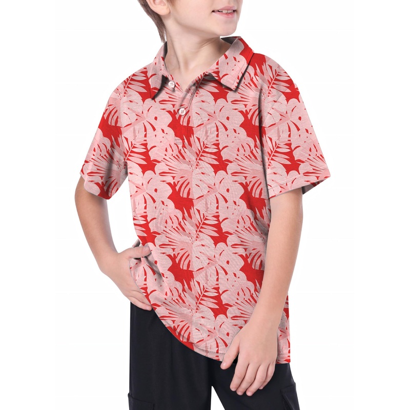 Youth red tropical leaves and plants Golf Polo