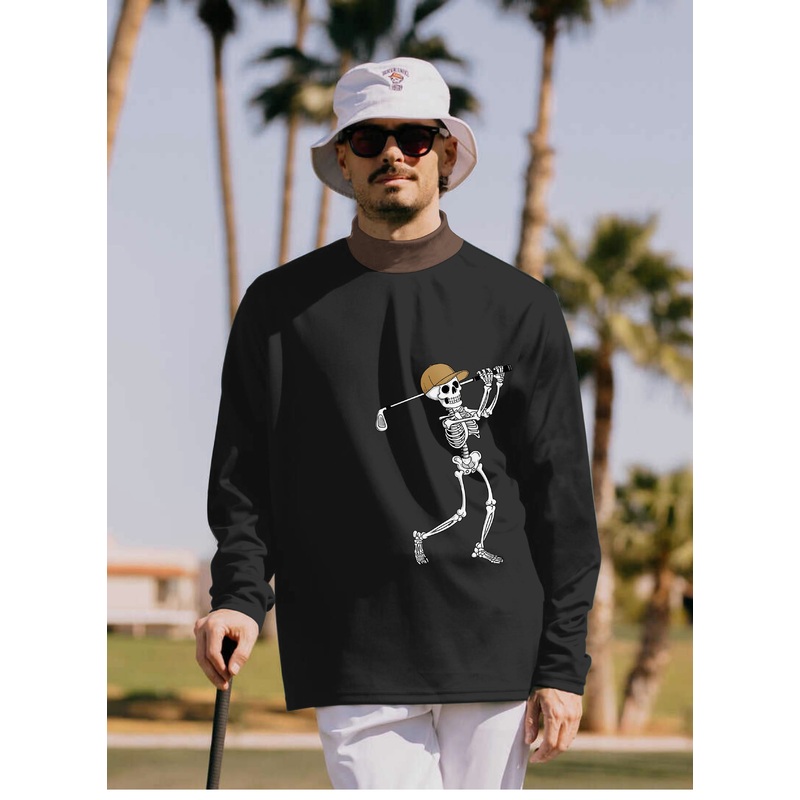 Men’s Brown Black Halloween Skeleton Golf Pullover High neck Long/Short sleeve T-Shirt