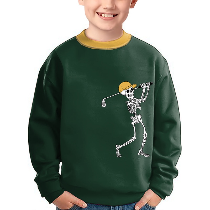 Yellow Green Halloween Skeleton Golf Crewneck Pullover Kids Ugly Sweater