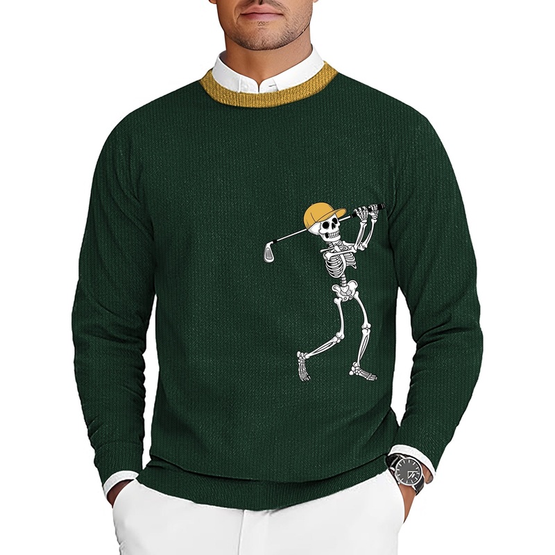 Yellow Green Halloween Skeleton Golf Men’s Golf Crewneck Pullover Sweaters Ugly Sweater