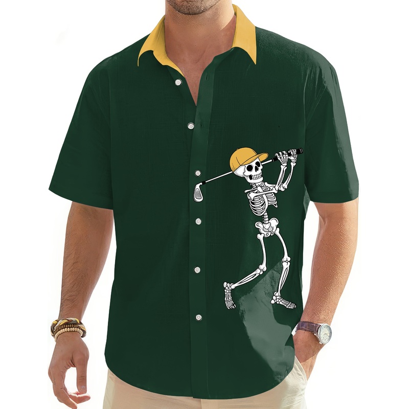 Yellow Green Halloween Skeleton Golf Men’s Golf Hawaiian Shirts Button Down Shirt