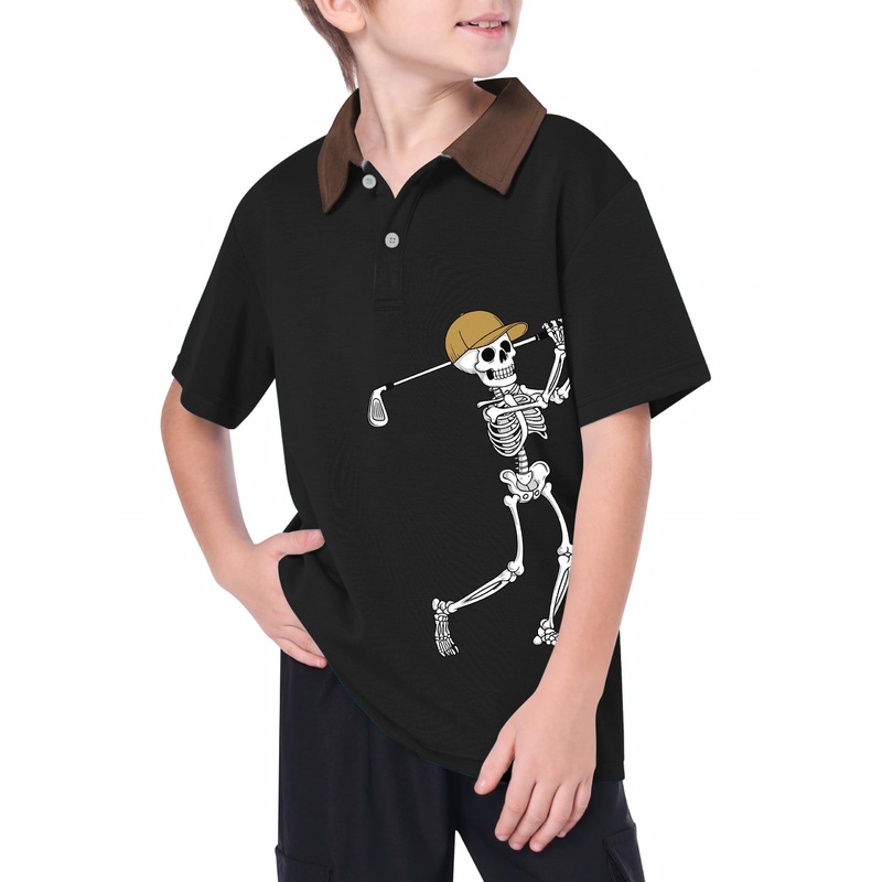 Youth Brown Black Halloween Skeleton Golf Golf Polo