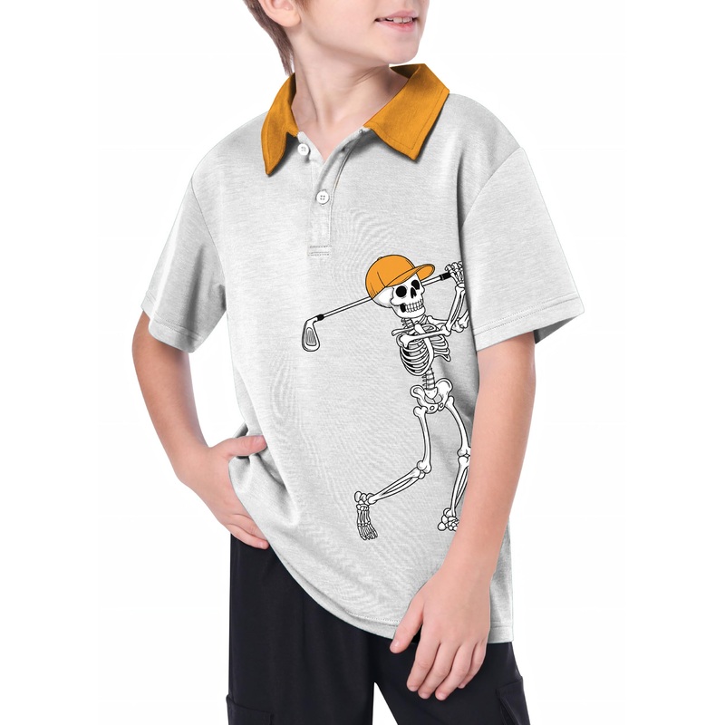 Youth Pumpkin White Halloween Skeleton Golf Golf Polo