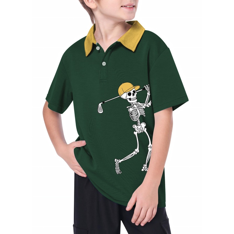 Youth Yellow Green Halloween Skeleton Golf Golf Polo