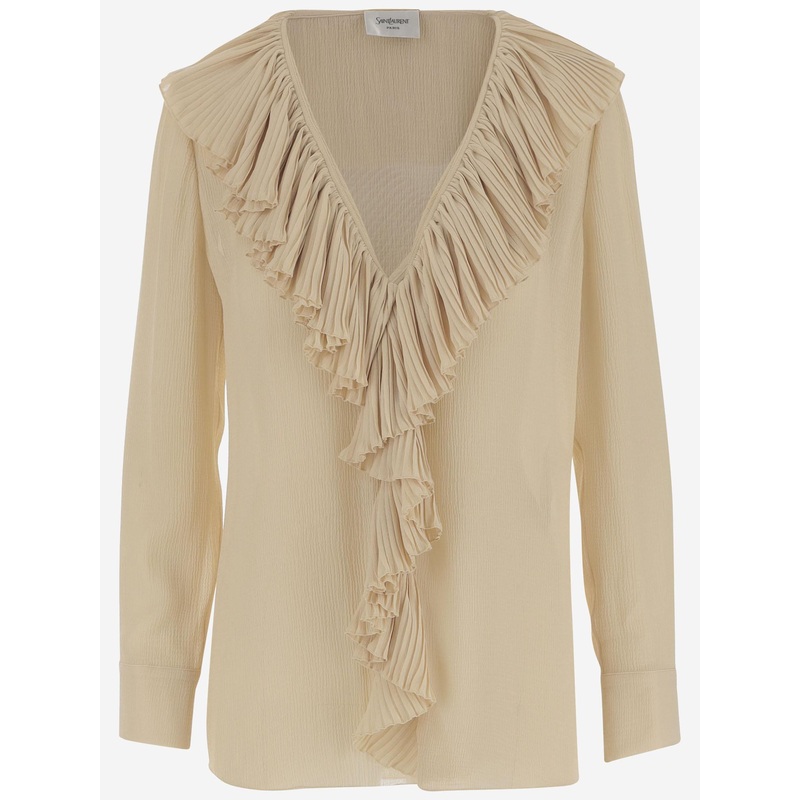 Silk Ruffle V-Neck Shirt|Beige|38