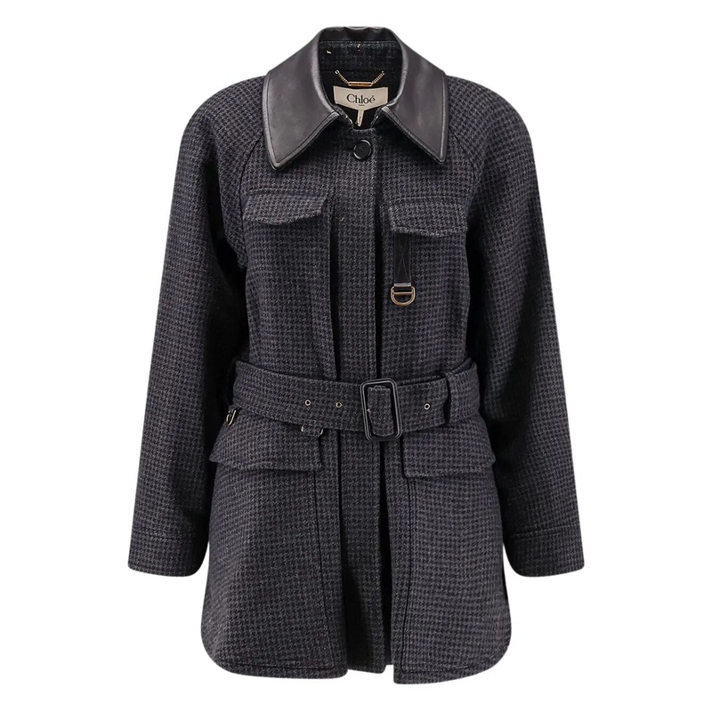 WOOL BELTED JACKET WITH LEATHER COLLAR