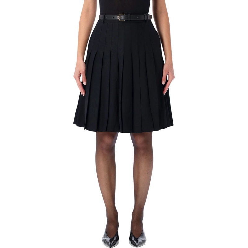 SELF-PORTRAIT BLACK PLEATED TWILL MIDI SKIRT WITH BELT