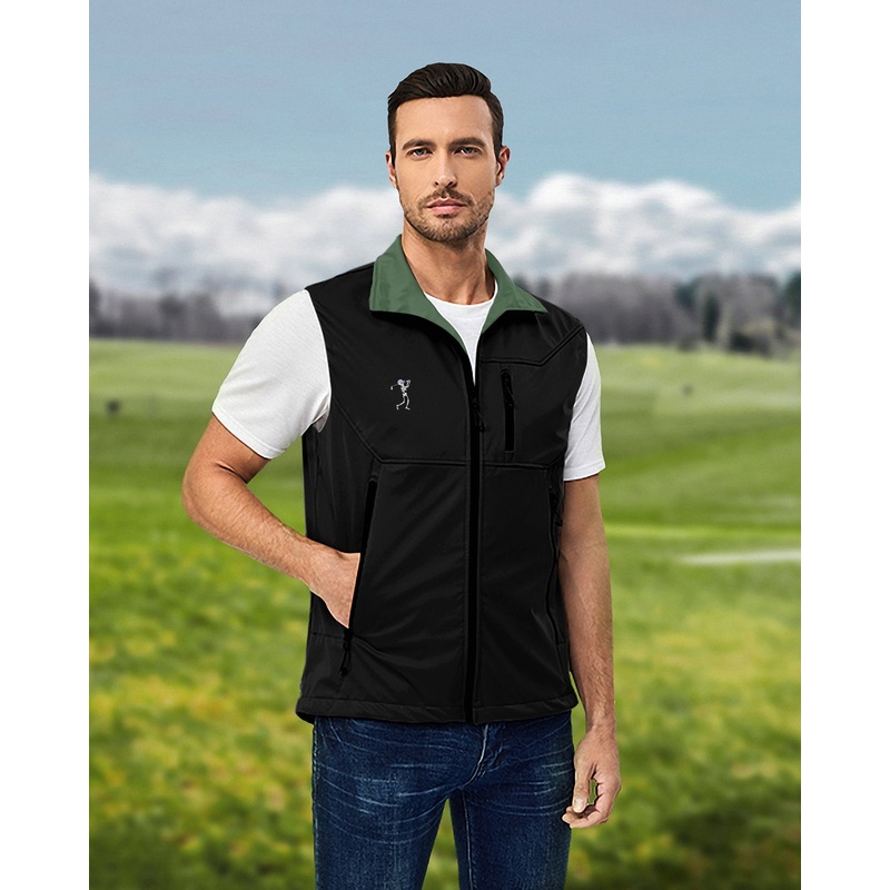 Men’s Blue Green Black Halloween Skeleton Golf Lightweight Softshell Vest Sleeveless Jacket for Golf Windproof Waterproof