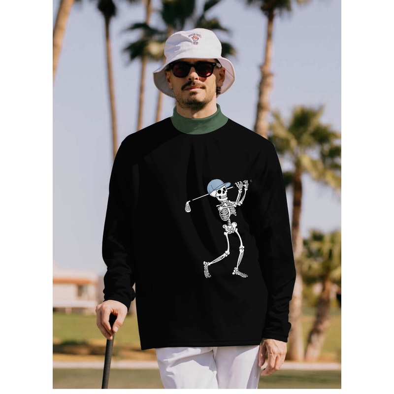 Men’s Blue Green Black Halloween Skeleton Golf Pullover High neck Long/Short sleeve T-Shirt