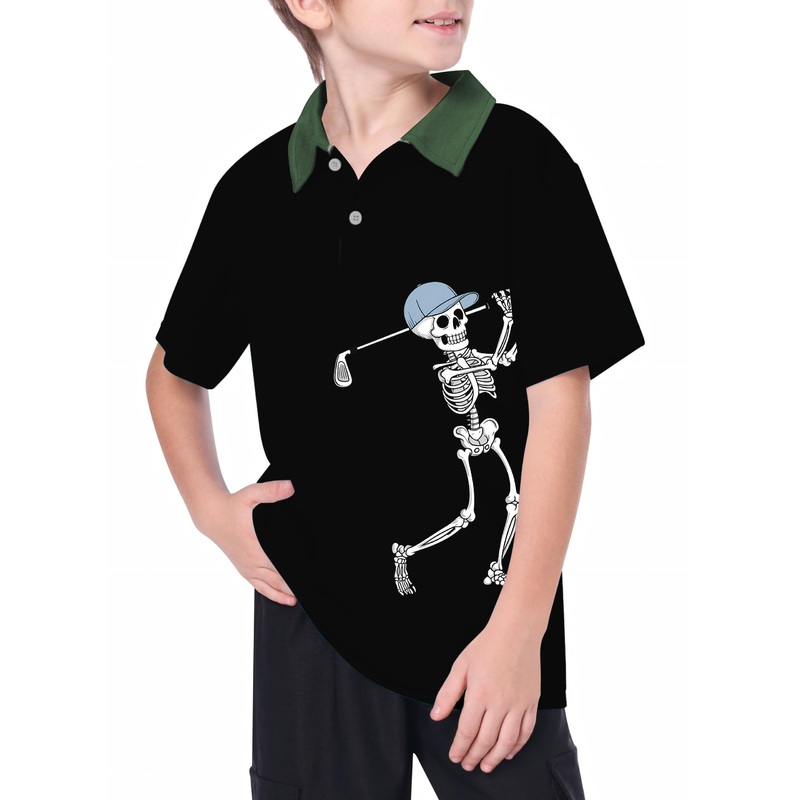 Youth Blue Green Black Halloween Skeleton Golf Golf Polo
