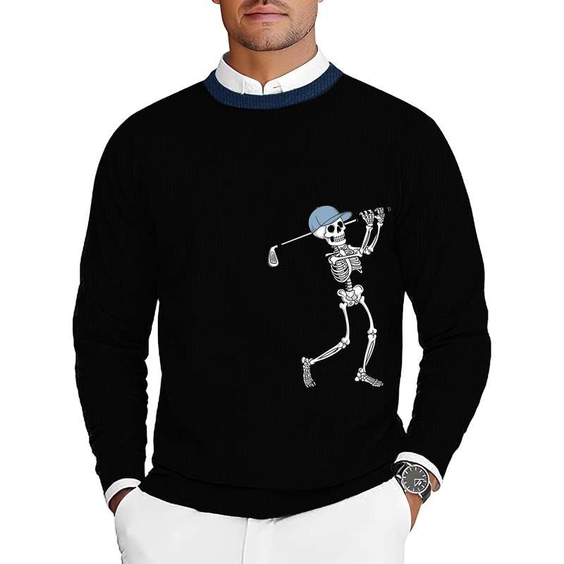 Blue Royal Black Halloween Skeleton Golf Men’s Golf Crewneck Pullover Sweaters Ugly Sweater
