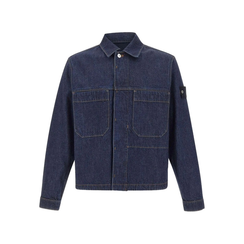 Dark Blue Point-Collar Cotton Jacket