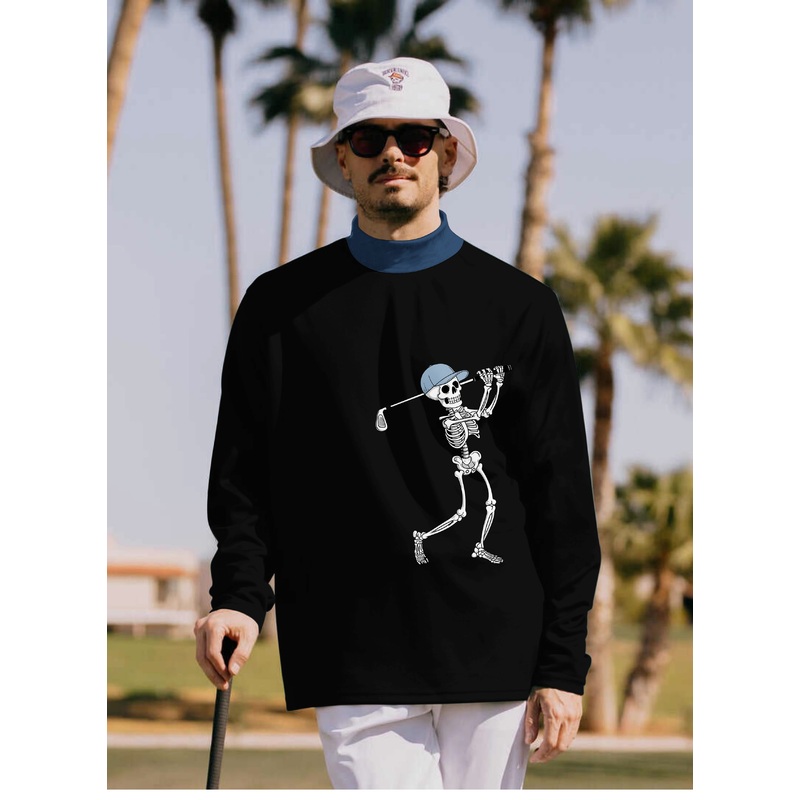 Men’s Blue Royal Black Halloween Skeleton Golf Pullover High neck Long/Short sleeve T-Shirt
