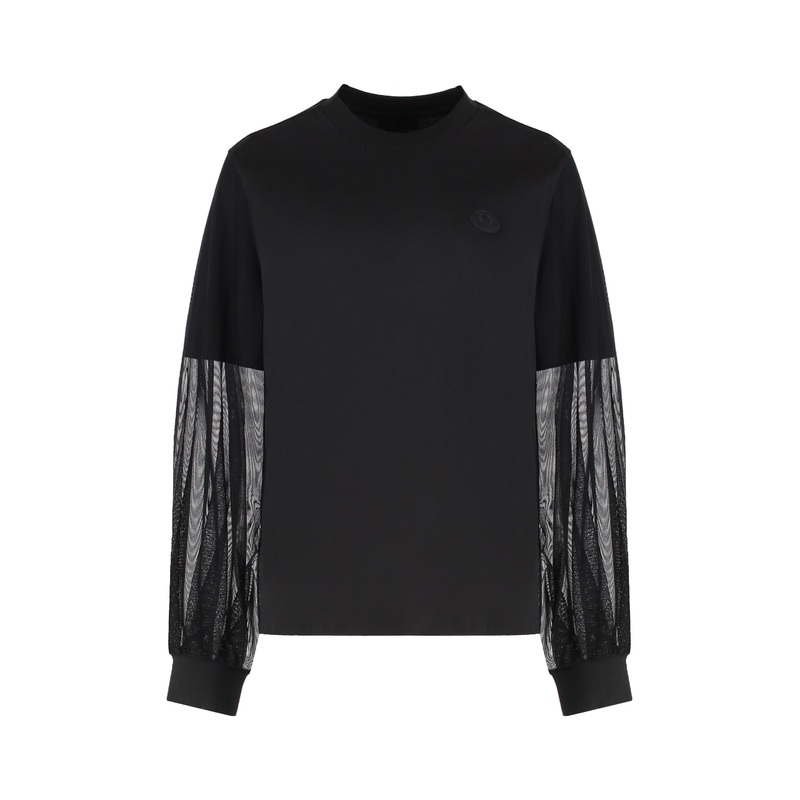 Tulle-Sleeve Cotton Top|Black|XS|S|M