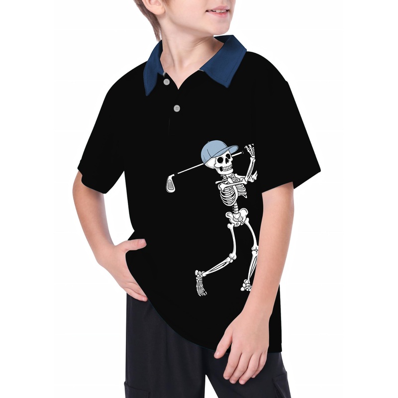 Youth Blue Royal Black Halloween Skeleton Golf Golf Polo