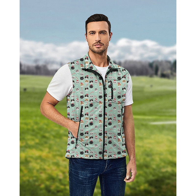 Men’s Christmas cat Lightweight Softshell Vest Sleeveless Jacket for Golf Windproof Waterproof