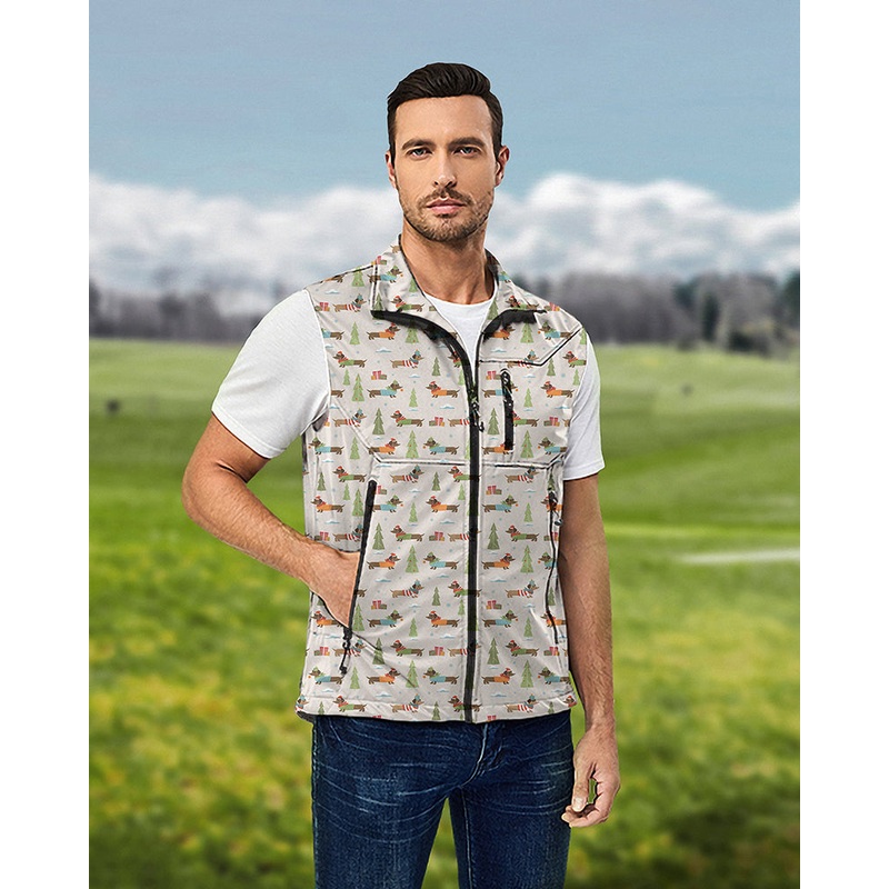 Men’s Christmas Dachshund Lightweight Softshell Vest Sleeveless Jacket for Golf Windproof Waterproof