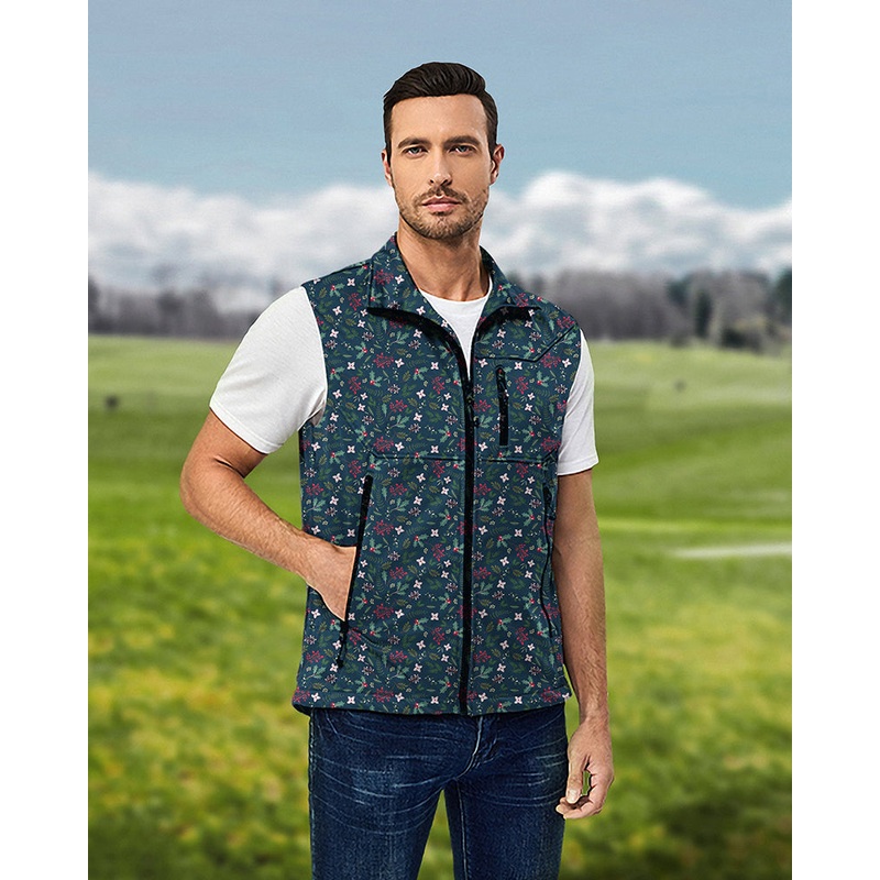 Men’s Christmas holly Lightweight Softshell Vest Sleeveless Jacket for Golf Windproof Waterproof