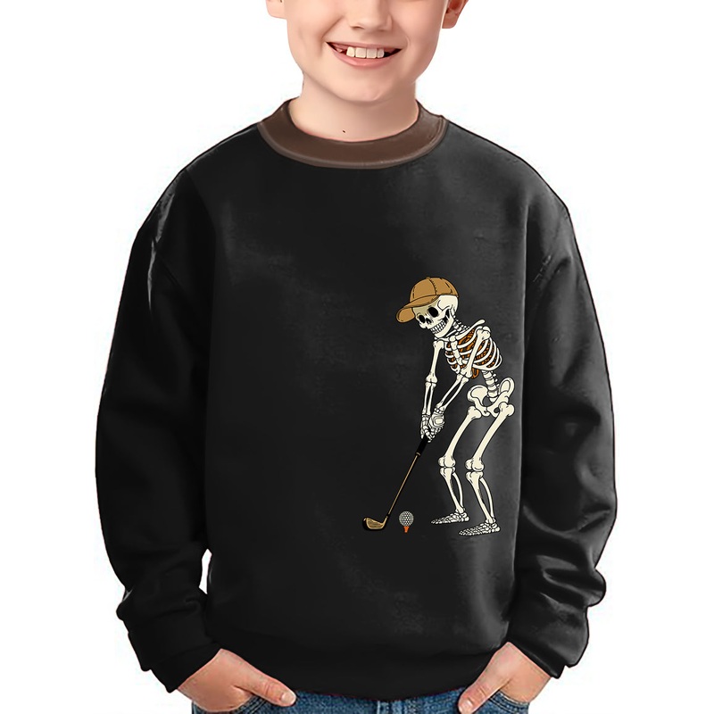 Yellow Black Brown Halloween Skeleton Golf Crewneck Pullover Kids Ugly Sweater
