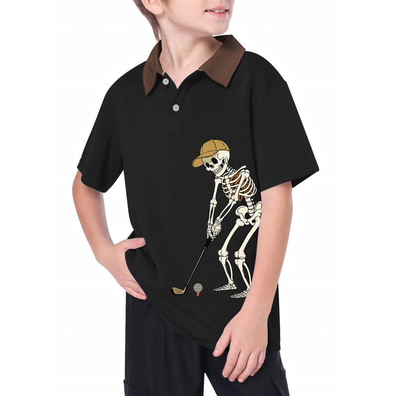 Youth Yellow Black Brown Halloween Skeleton Golf Golf Polo