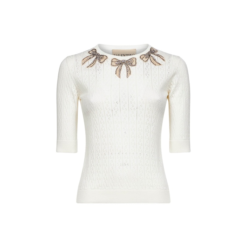 Ivory Pointelle Knit Top with Embroidered Bows