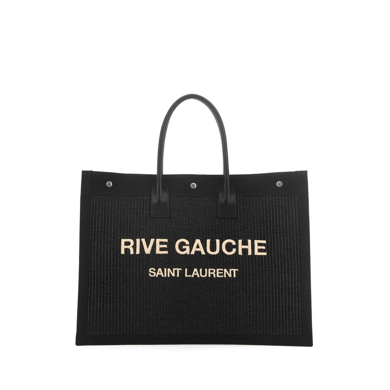 BLACK RAFIA AND CANVAS RIVE GAUCHE SHOPPING BAG