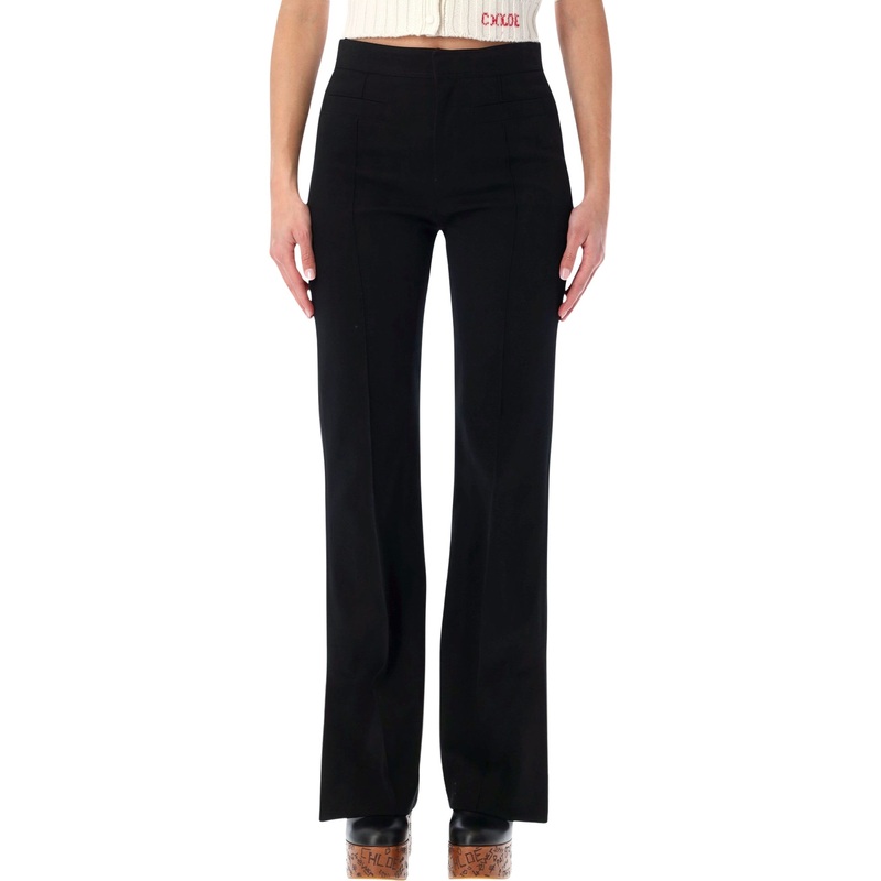 CHLO BLACK HERRINGBONE COTTON TAILORED TROUSERS