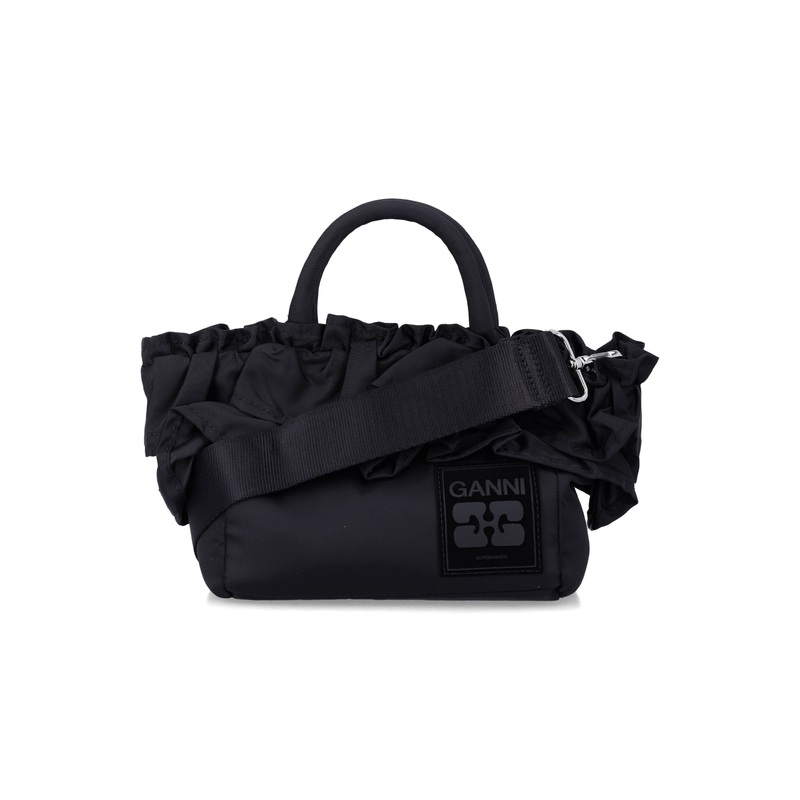 GANNI BLACK NYLON RUFFLED TOP HANDLE BAG
