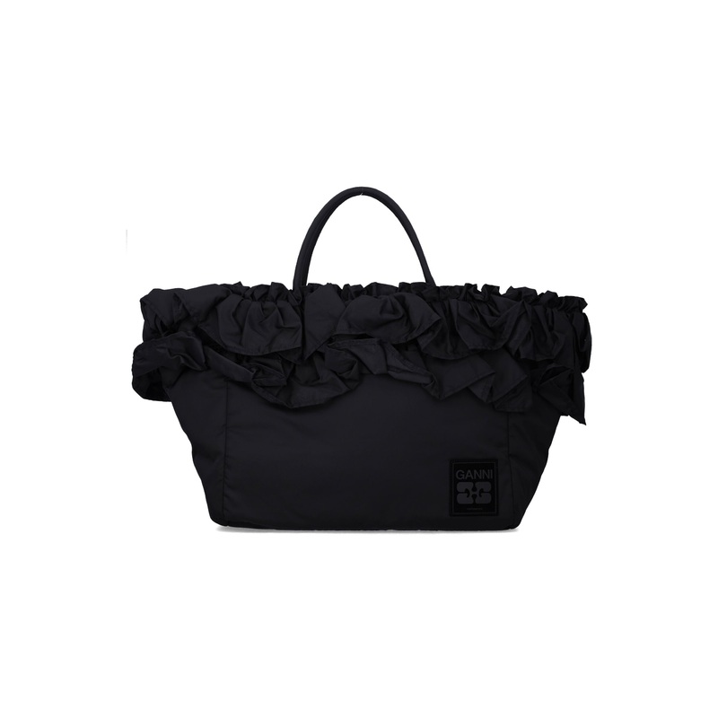 GANNI BLACK NYLON RUFFLED XXL SHOPPER BAG