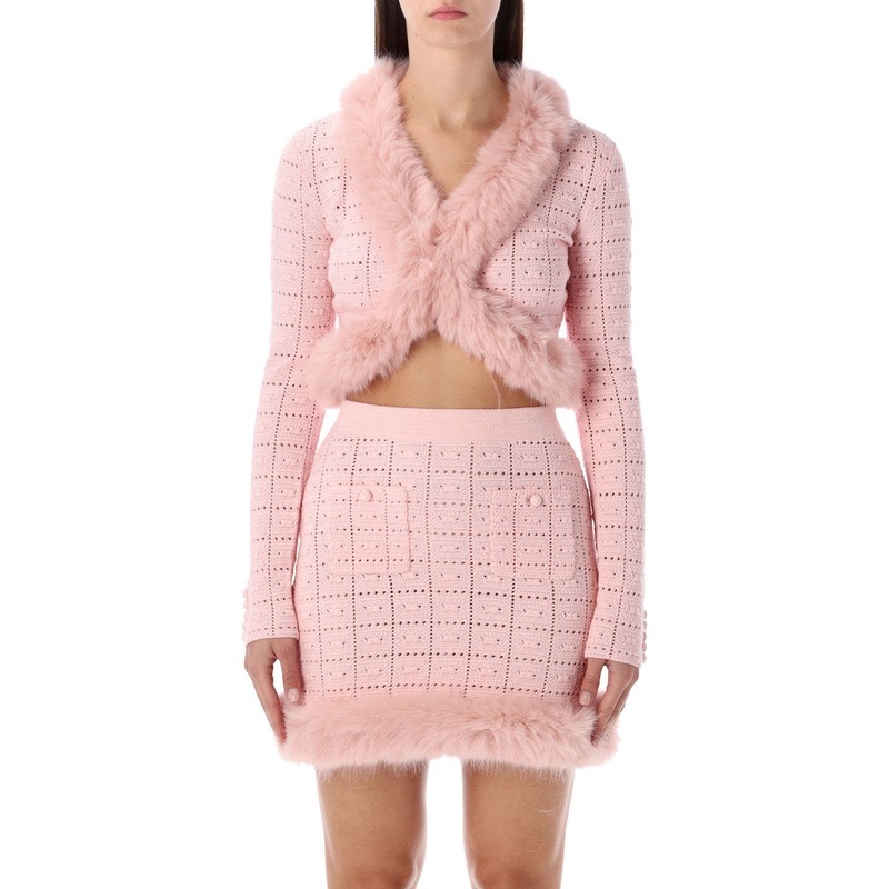 SELF-PORTRAIT PINK KNIT CROPPED CARDIGAN WITH FAUX FUR COLLAR