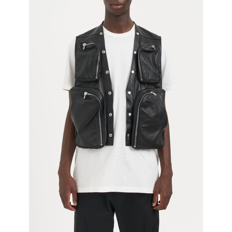 PADDED LEATHER CARGO VEST BLACK