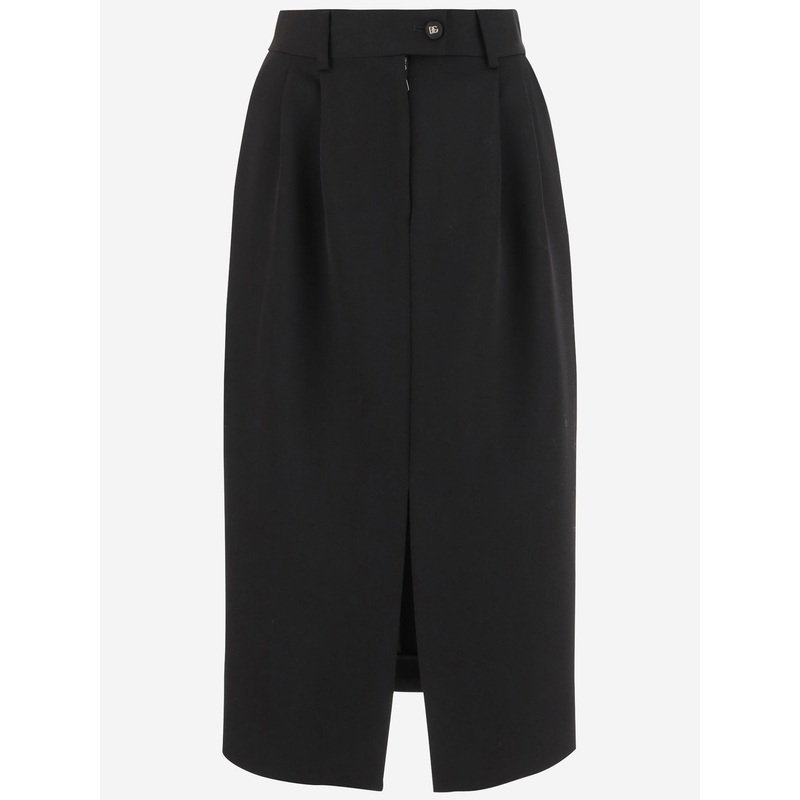 Wool Pencil Skirt with Logo Button